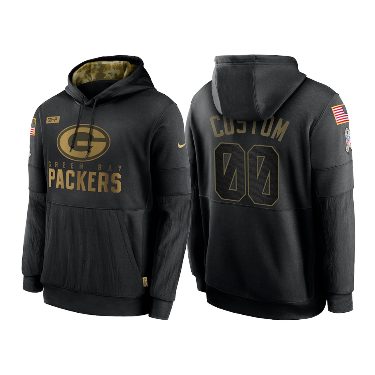 Men's Green Bay Packers Customized 2020 Black Salute To Service Sideline Performance Pullover Hoodie